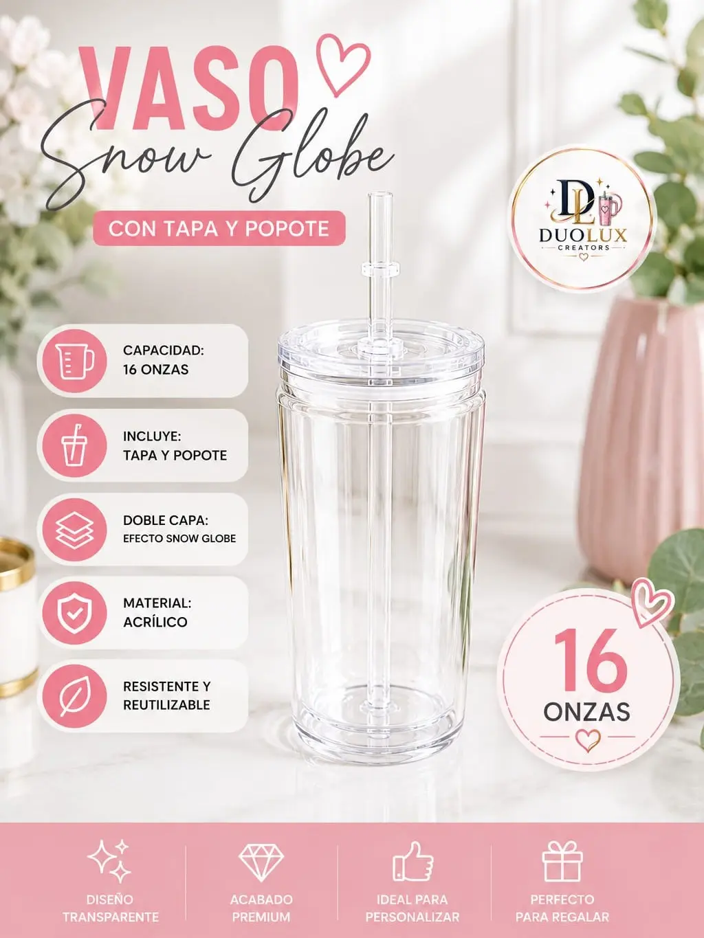 Custom Acrylic Snow Globe Tumbler with Lid & Straw – Personalized 16oz