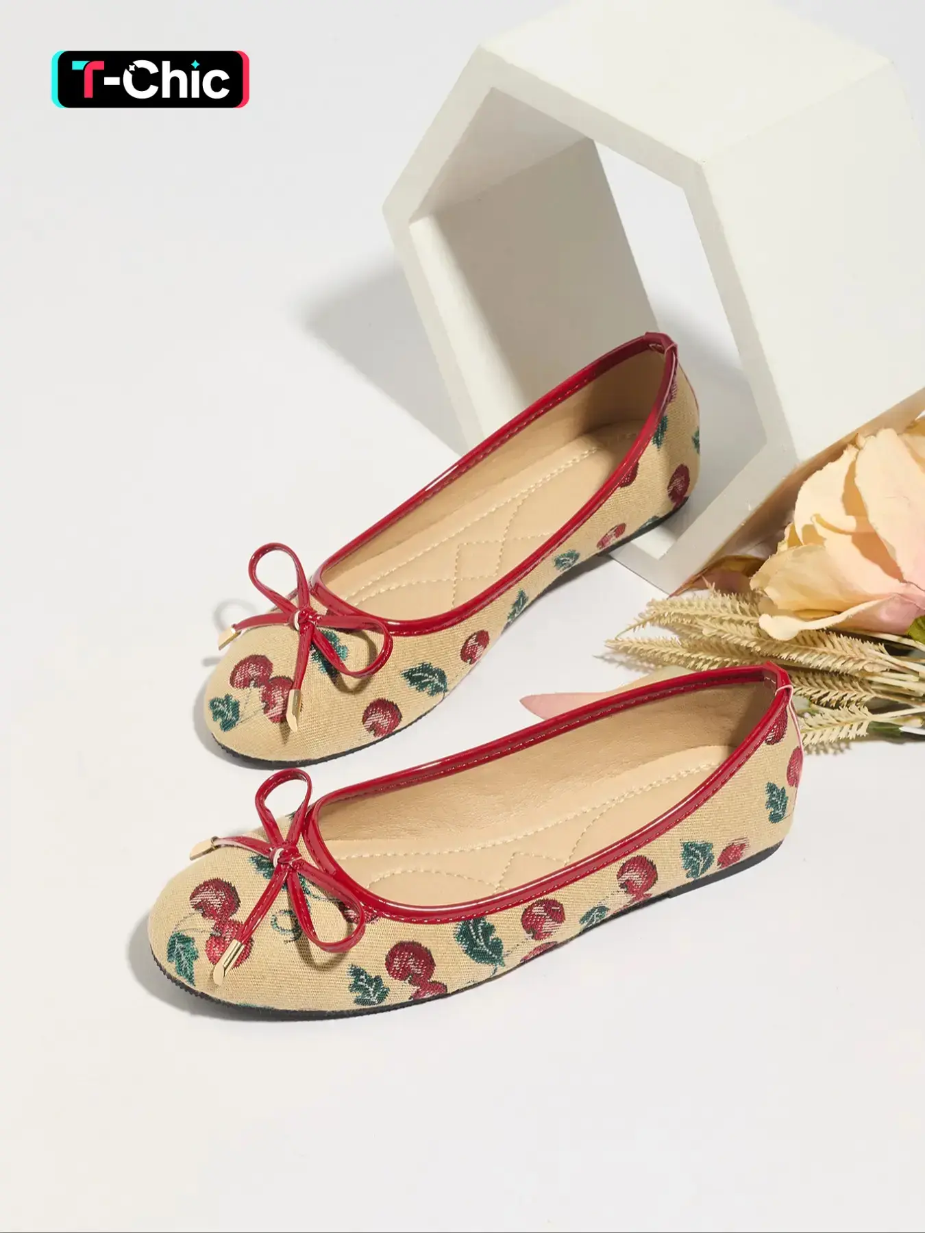 Women's French Style Square Toe Flat Shoes, New Light Color Bow Accent Unique Cherry Pattern Single Shoe, Comfortable Round Head Ballet Slip-Ons Rubber, Chic Ballet Flats, Ballerina Flats Shoes