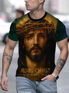 Jesus Christ 3D Print Short Sleeve T-Shirt, Men's Casual Loose Fit Top, Summer New Male Clothing, Graphic H-Type Tee