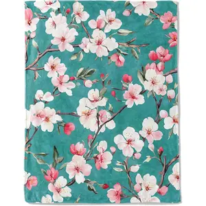 Cherry Blossom Branches Flannel Blanket - Lightweight Soft Cozy Unique Gifts Blankets for Floral Lovers,Kids,Adult,Women, Elegant Teal Background Art Throw,Home Room Modern Decor