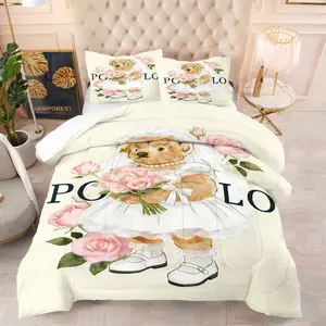 Teddy bear printed pattern bedding set, including 1 blanket and 1 or 2 pillowcases without pillowcases, soft adult bedroom decoration gift, Soft Bedding Sets