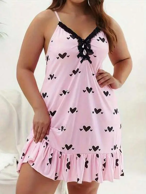 Dollie Plus-Size Women's Heart-Print Off-Shoulder Sleeveless Sleepwear – Adjustable Straps, All-Season Loungewear, Loose Fit, Comfortable Pajamas