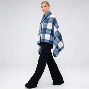 Comfortable Plush Wearable Blanket, Grid Pattern Shawl Wrap (with Buttons), Super Soft Sleeveless, Vintage Style, Warm and Cozy