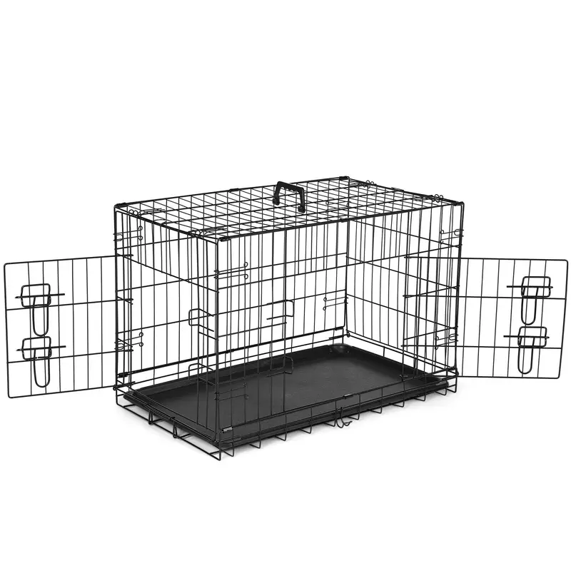 Durable Coated Metal Fence Mesh Large Dog Crate - Enclosed Escape Proof Kennel, Double Door, Divider Panel, Leak-Proof Plastic Pan Tray, Collapsible, Travel/Camping Ready, Easy Clean, Folds Flat for Indoor Closet Use (24/30/36/42/48in)