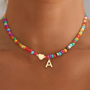 GANIA Colorful Beaded 26 Initial Necklace for Teen Girls - Handcrafted Heart Pendant Choker - Adjustable Length - Perfect Stocking Stuffer for Women & Girls