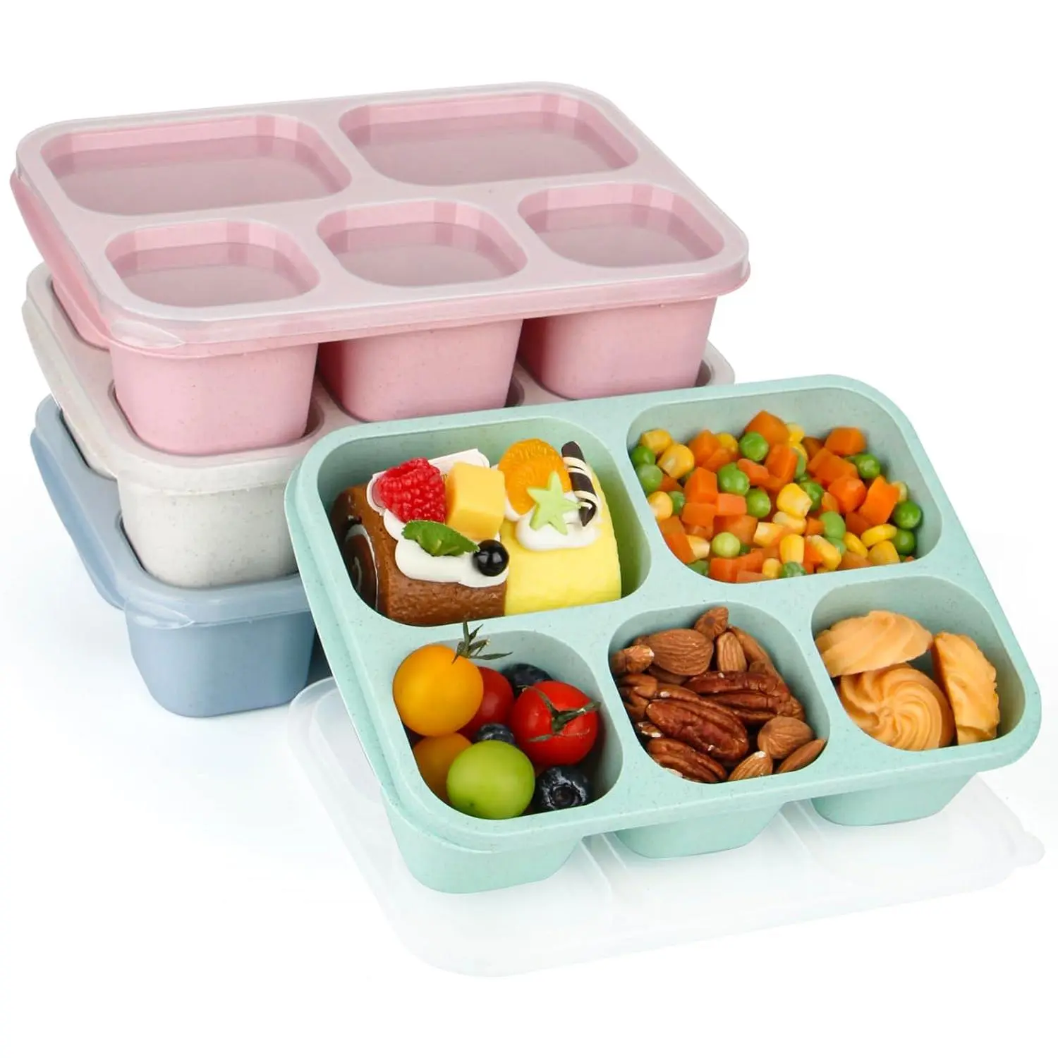 Bento Lunch Boxes -  5-Compartment  Lunchables Containers, Snack Boxes For Adults Container for School, Work, and Travel, Set of 4 (Wheat)
