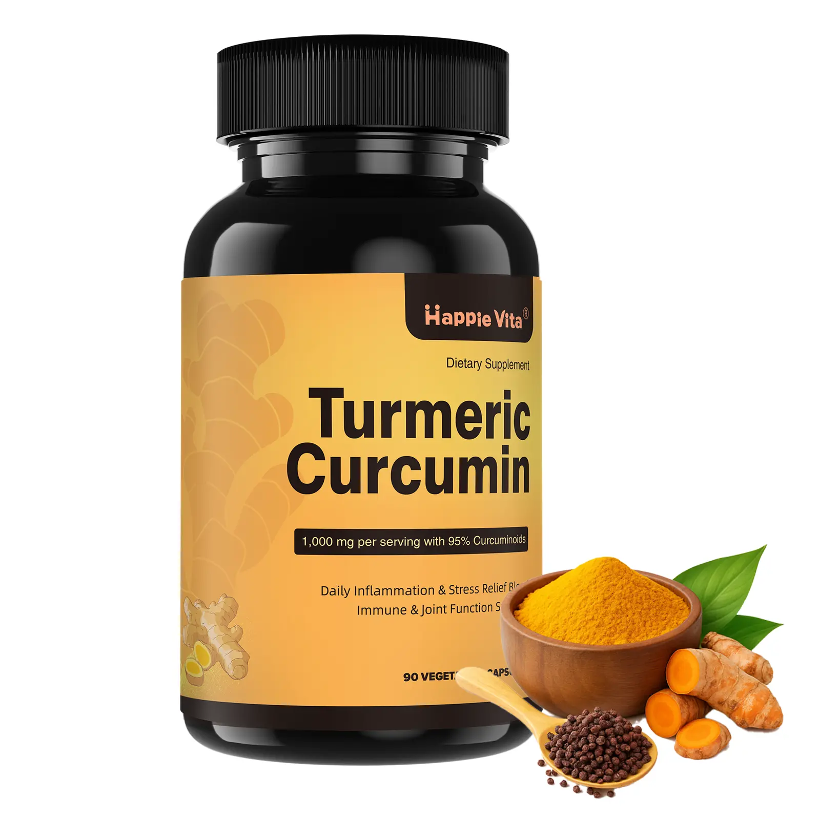 HappieVita Dietary Turmeric Curcumin Fitness Supplement - 1000 mg Turmeric Extract (95% Curcuminoids), Black Pepper Extract, Ginger, Vitamin C, No Preservatives, Enhanced Absorption, Antioxidant Joint Support, Blackpepperextract