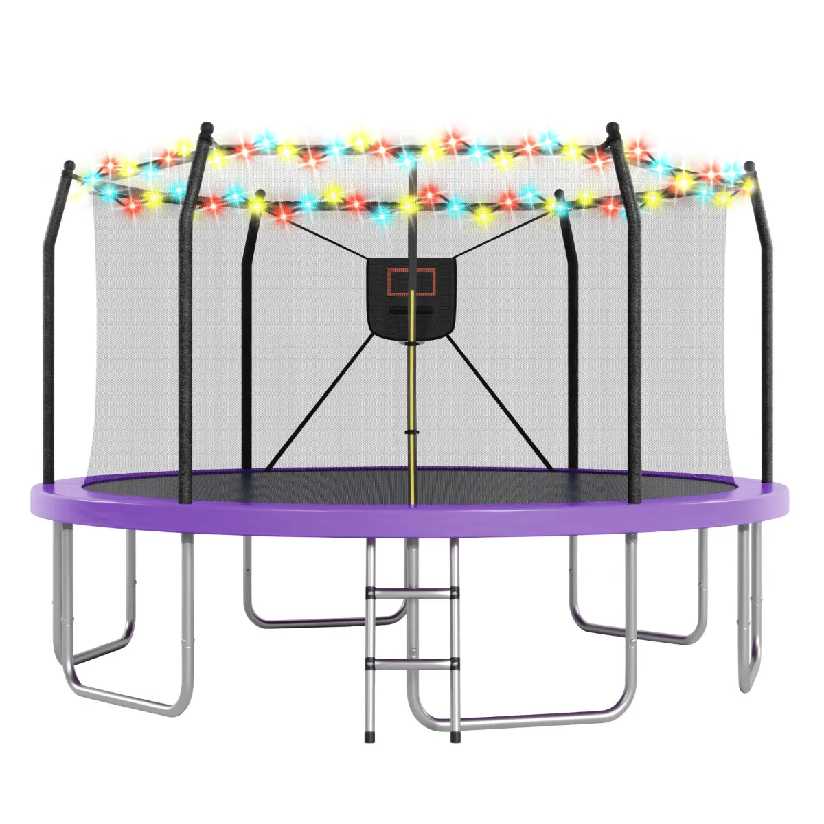 14ft Outdoor LED Light Heavy Duty Recreational Jump Trampoline with Basketball Frame, 1500lb Rust-Proof Frame, Safety Fence, Heavy Duty Trampoline