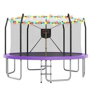 14 foot LED light outdoor trampoline with basketball frame, 1500 pound load-bearing rust proof frame, safety fence