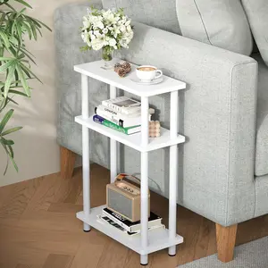 3-Tier Narrow Open Shelf Side Table – 15.7" Length, Simple White/Wood Finish, Multi-Level Storage for Sofa & Bedside