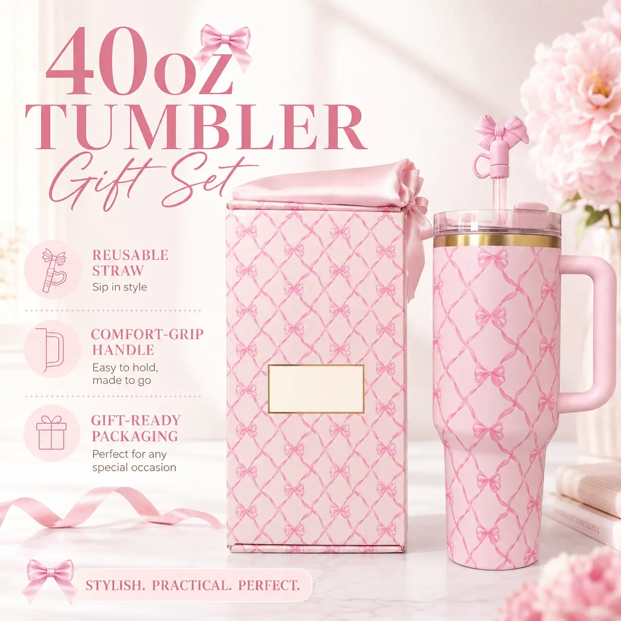 Women's 40oz Double Wall Stainless Steel Flask Tumbler with Straw - Portable Leakproof Reusable Drinkware, Cute Pink Bow, Handle, Book Lover Print, Floral Bookshelf, Skeleton Hand, Coquette Aesthetic Gift Set