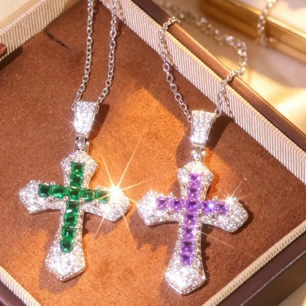 6-Color Shiny Colored Necklaces, Hip Hop Style Statement Jewelry, Ideal Valentine's Day & Birthday Gift for Couples (Cross Necklaces for Him/Her)