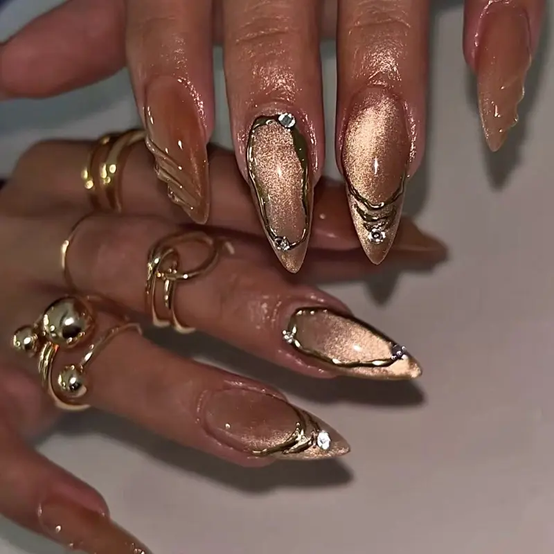 SHEDARES Bronze Luxe – Handmade Metallic Press-On Nails with 3D Carved Waves & Stud Accents – Parties, Dates, and Prom