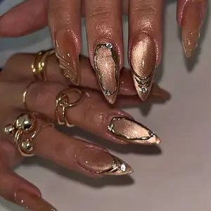 SHEDARES Bronze Luxe – Handmade Metallic Press-On Nails with 3D Carved Waves & Stud Accents – Parties, Dates, and Prom