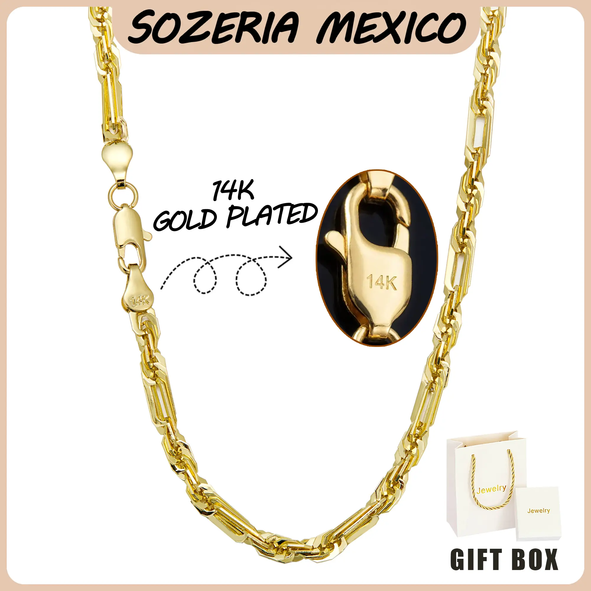14K Gold Plated 5mm Figaro Rope Chain Necklace - Shiny Gold Tone, Tarnish-Free, Versatile Hip Hop Costume Jewelry for Daily Wear