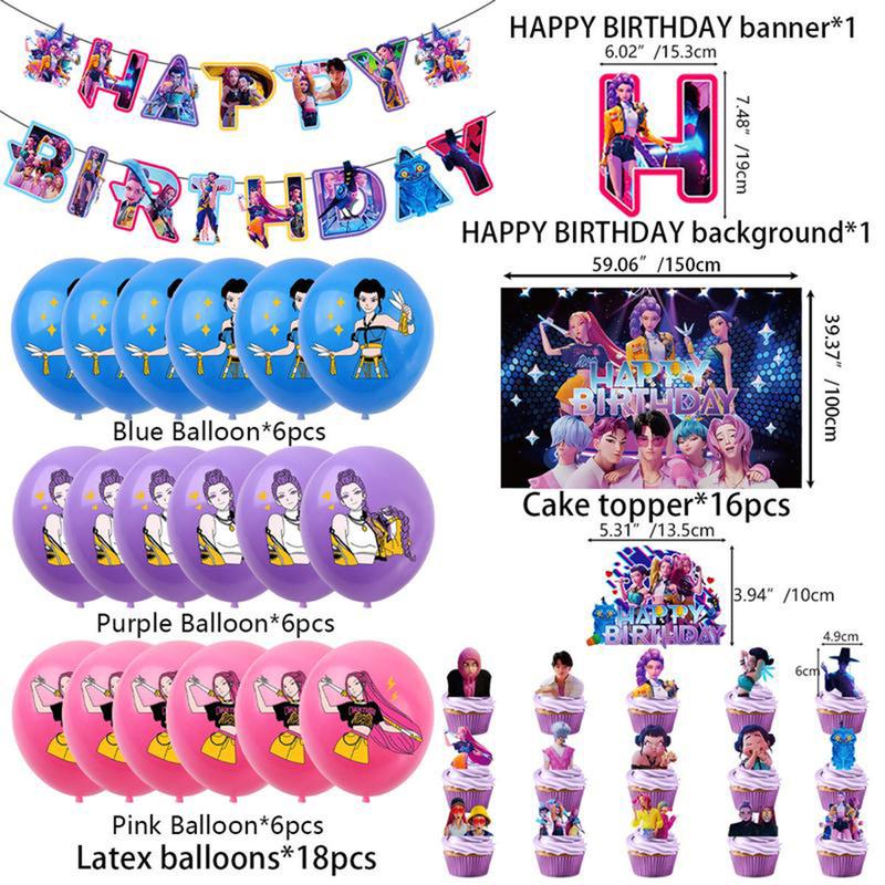 KPop Demon Hunters Birthday Party Decorations Banner Balloon Hanging Set with Cake Toppers for Fans Essential Party Supplies Girls Gifts