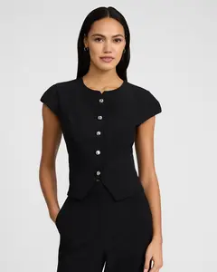 Express Studio Stretch Twill Novelty Button Short Sleeve Tailored Top