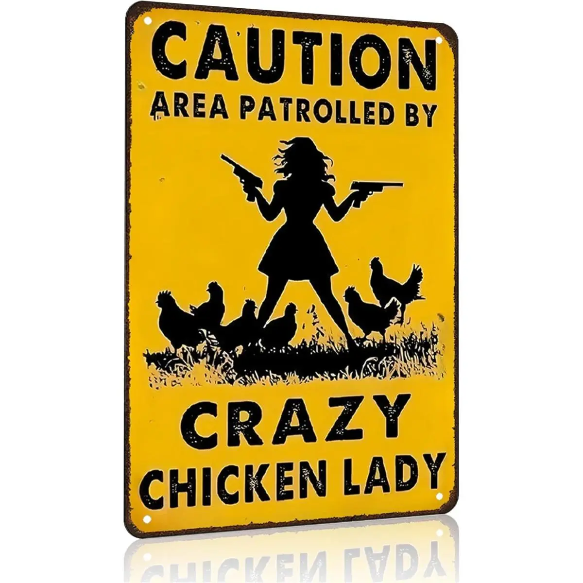 Funny Crazy Chicken Lady Metal Sign 8x12in, "Caution Area Patrolled By Crazy Chicken Lady" Vintage Farmhouse No Trespassing Wall Decor, Rustic Yellow Warning Sign for Coop, Backyard, Barn, Home, Farm Gift