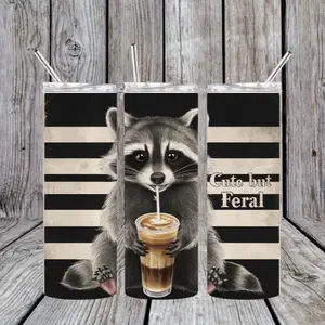 Raccoon and Coffee Tumbler - Cute but Feral Design with Striped Background and Straw Included                                                     Drinkware Reusable Portable Washable