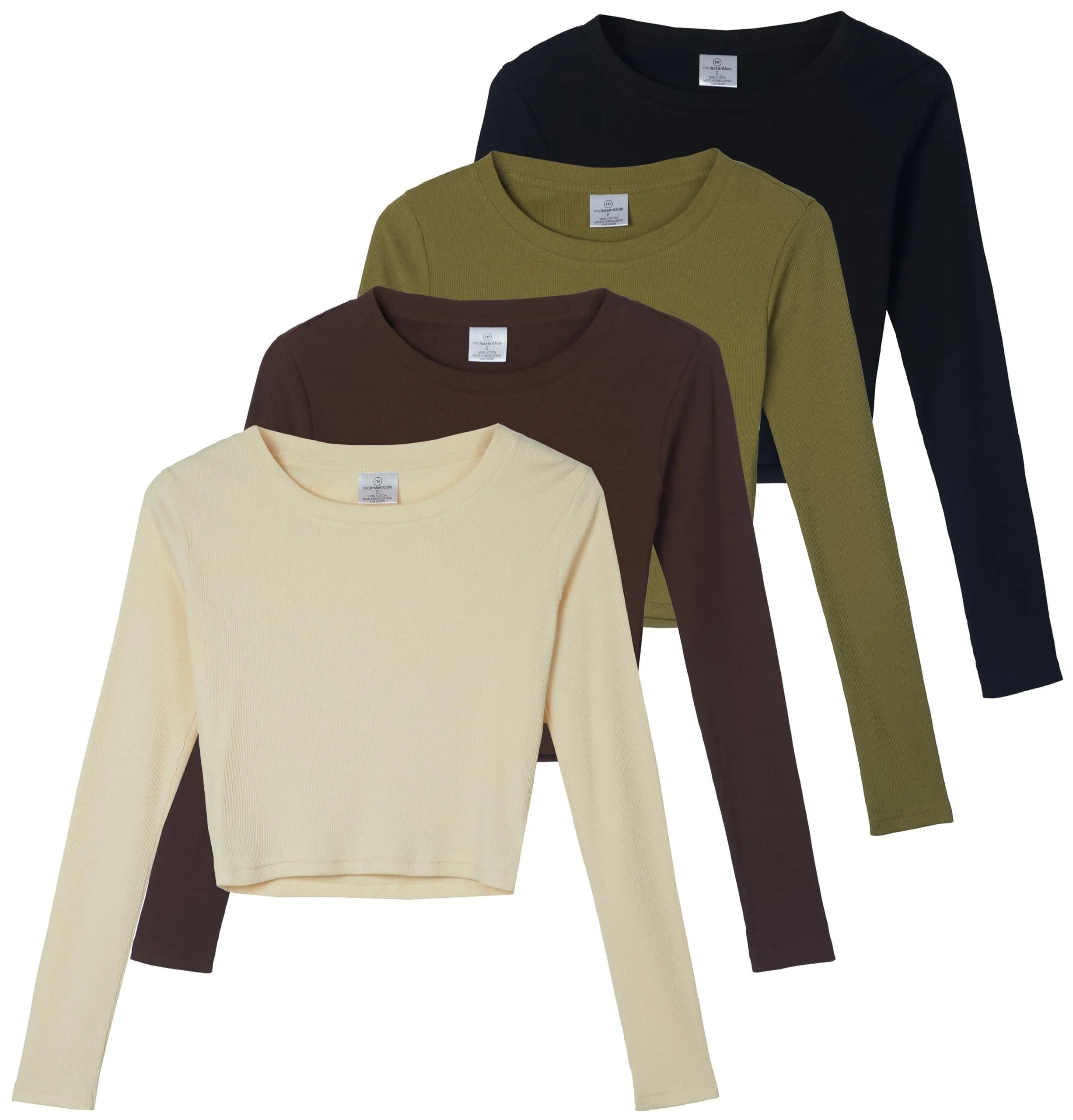 Real Essentials 4-Pack: Women's Long Sleeve Ribbed Knit Cotton Crew Neck Crop Top Shirt - (Available in Plus)