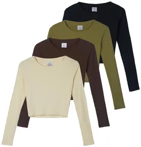 Real Essentials 4-Pack: Women's Long Sleeve Ribbed Knit Cotton Crew Neck Crop Top Shirt - (Available in Plus)