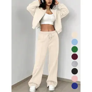 Two-piece Set Women's Solid Zip Up Drop Shoulder Jacket & Pocket Elastic Waist Pants, Casual Fashion Cozy Breathable Two Piece Outfits for Daily Outdoor Wear, Ladies Clothes for All Seasons, Womenswear
