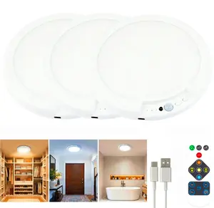 Battery Operated Rechargeable Ceiling Light with Motion Sensor(3 pcs), Wireless LED Fixture Remote Control 3 Color Temperatures Dimmable Night Mode for Closet Shower Pantry Laundry