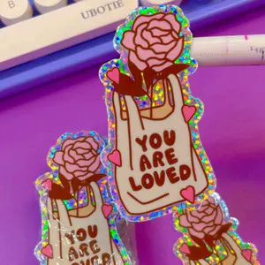 You Are Loved Heart Waterproof Sticker - Glitter Jesus Loves You - Girly Christian decal - Sparkle faith Inspirational Floral bag sticker
