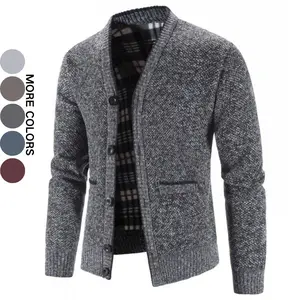 Men's Floral Jacquard V-Neck Cardigan Sweater Retro Plaid Lining Knit Jacket Versatile Everyday Casual Top for Spring and Autumn