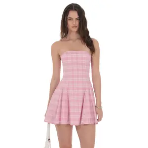 Lucy In The Sky Plaid Corset Strapless Dress in Pink