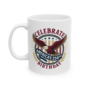 Celebrate America's 250th Birthday Mug | Retro Shield, Laurel Wreath, Soaring Eagle
