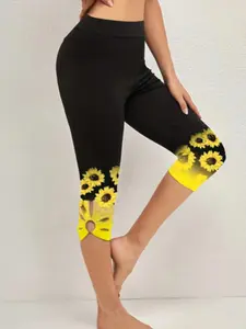 Solid Sunflower Print Cutout Comfortable Sport Yoga Leggings, Stylish and Functional Activewear for Daily Wear and Exercise, Yoga Workout Pants