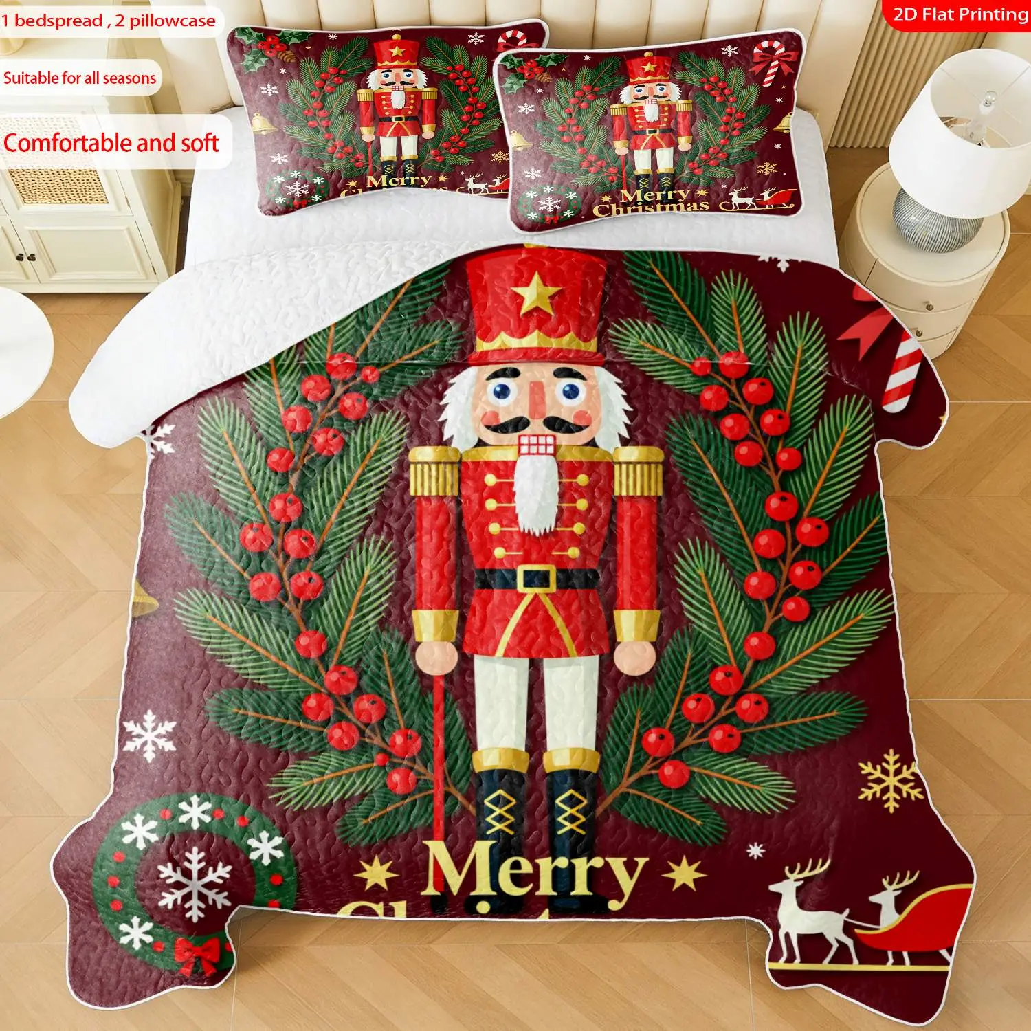 3pcs, 2D flat print Nutcracker Soldier Bedspread Set, Christmas theme, multiple sizes available, bedding set, festive decorative bedding, ideal for bedroom décor(1 bedspread , 2 pillowcase)