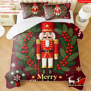 3pcs, 2D flat print Nutcracker Soldier Bedspread Set, Christmas theme, multiple sizes available, bedding set, festive decorative bedding, ideal for bedroom décor(1 bedspread , 2 pillowcase)
