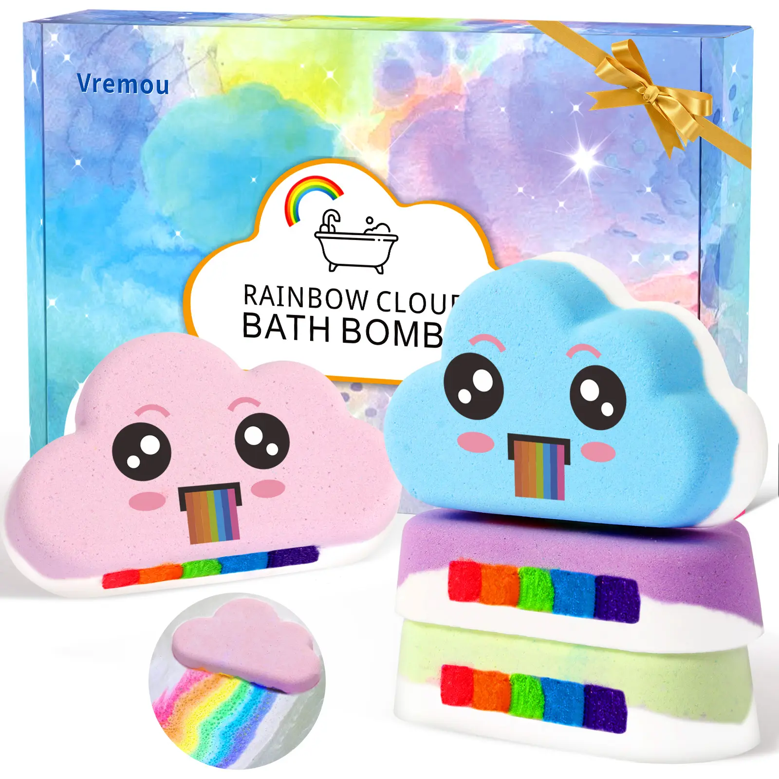 Rainbow Bath Bombs for Kids, Handmade 4 Pcs Bath Bombs Gift Set for Girls Teens Rainbow Bubble Fizzy