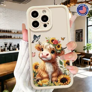 Cute Cartoon Cow Sunflower Floral Aesthetic Case for iPhone 17 16 15 14 Pro Max 13 12 11 XR XS Plus Slim Shockproof Anti Drop Lightweight TPU Cover