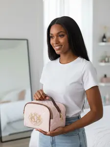 Juicy Couture Make Up Bag Large and Small - Pink Velvet Travel Cosmetic Case with Logo Embellishment