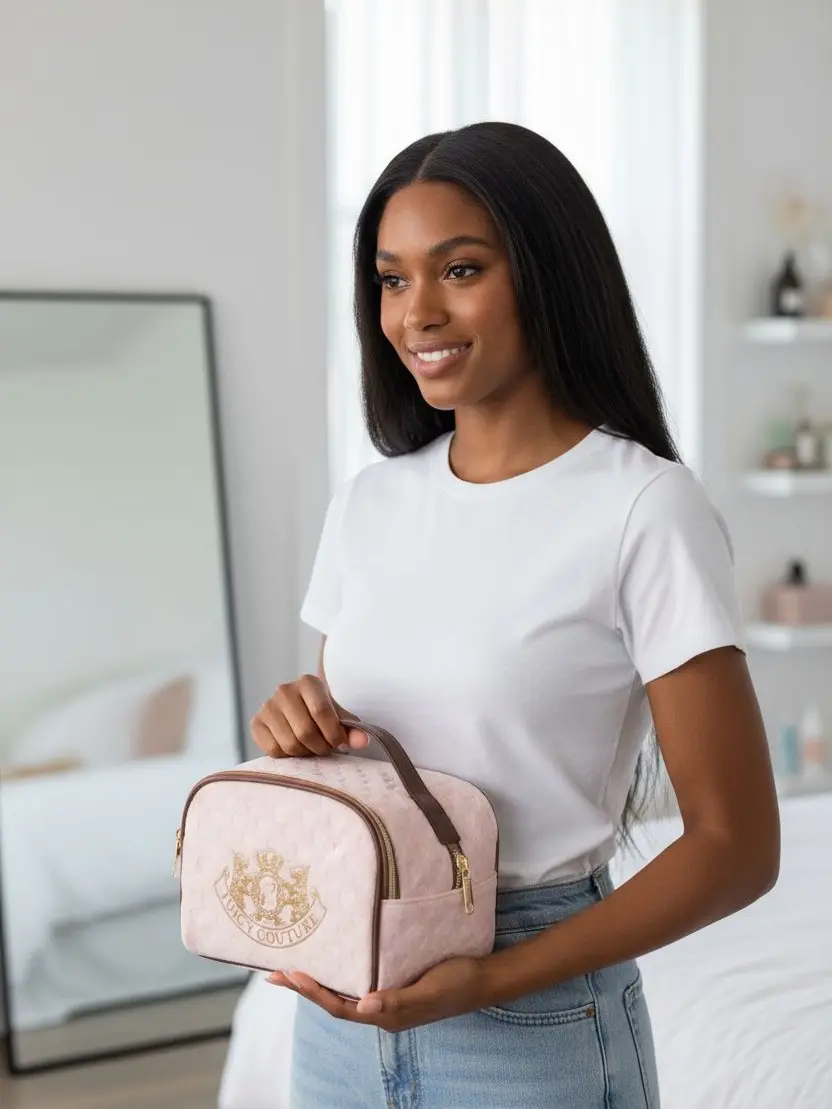 Juicy Couture Make Up Bag Large and Small - Pink Velvet Travel Cosmetic Case with Logo Embellishment