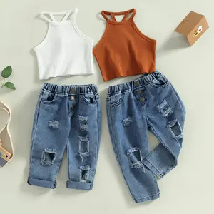 Infant Baby Toddler Girls Clothes Sleeveless Camisole with Elastic Waist Ripped Jeans  Set Baby Summer Outfits