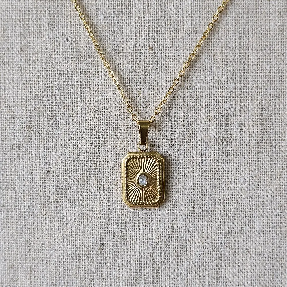 Eternal Light Medallion Necklace - Gold Link Chain 16 or 20 Inch Length with 2 Inch Extender Adjustable Sunburst Design Cubic Zirconia Stone