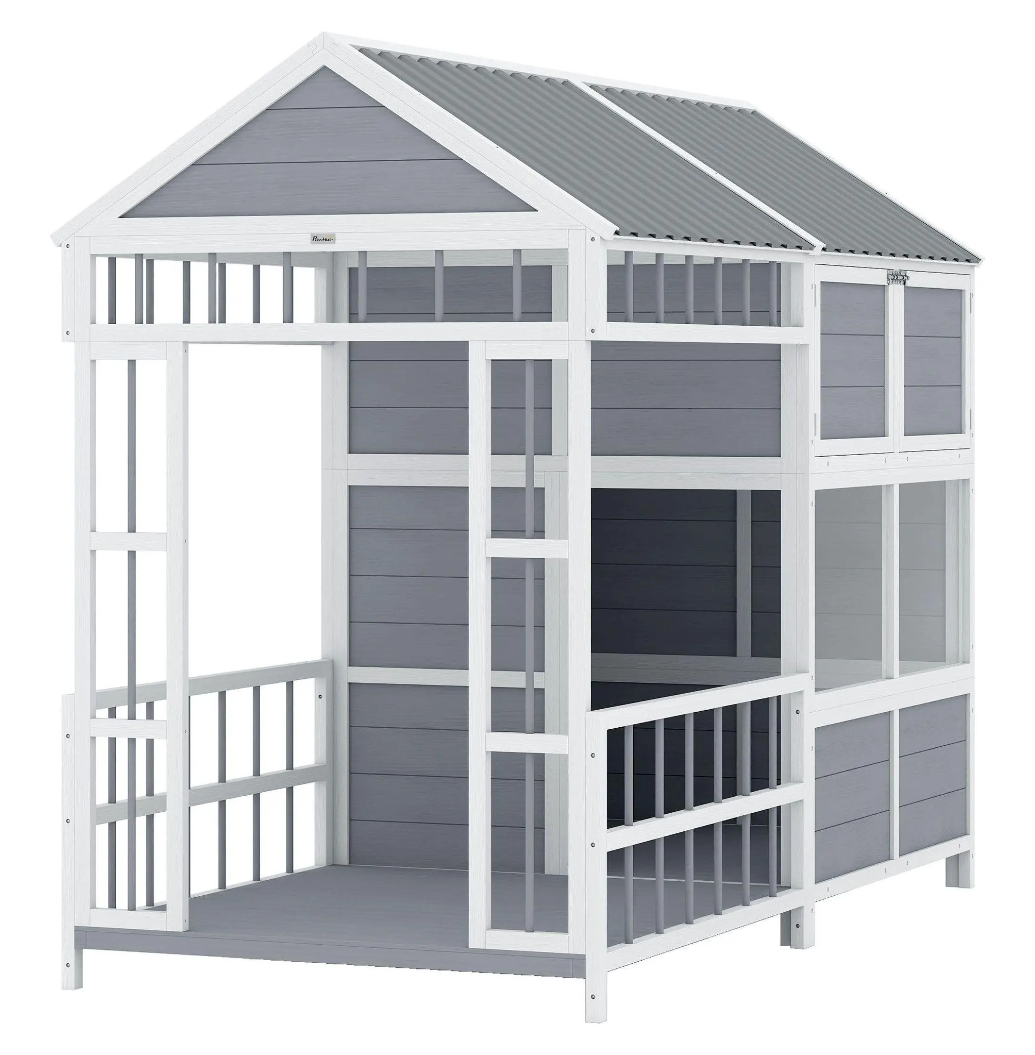 79" Outdoor Wooden Large Dog House with Porch Access, Relaxing Porch, Spacious Dry Interior, Convenient Storage Cabinet, Elevated Weatherproof Design (78.7w x 40.7d x 63.4h) for Large Breeds Up to 66 lbs, Elevated Design, Spacious Interior