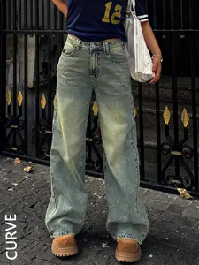 Women's Plus Size Solid Color Casual Streetwear Half Elastic Denim Jean Wide Leg Straight Pants, All Seasons Comfortable Fit, Long Hem Style