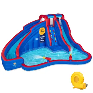 Sunny & Fun Double Dip Inflatable Water Slide Park with Climbing Wall 2 Slides & Splash Pool for Kids Backyard Durable Nylon Fabric Easy to Assemble Deflate Carry