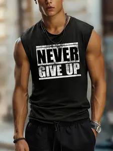 Men's "Never Give Up" Graphic Sleeveless Tank Top, Vintage Workout Muscle Shirt, Breathable Gym Tee for Bodybuilding, Training & Casual Wear, Bodybuilding Fitness Tee, Motivational Athletic Vest