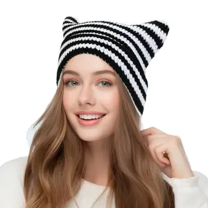 Unisex Striped Beanie Warm Winter Hats, Soft Knit Lazy Beanie Little Devil Horn Women Men Cat Beanie，Women Fox hat, Slouchy Beanies for Women