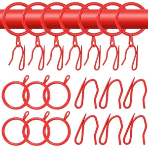 32 count Metal Drapery Curtain Rings Curtain  Rings and 32 count Metal Curtain Drapery Pin Hooks for Window Door Shower Curtain, 30 mm/1.18 inch Internal Diameter (Red)