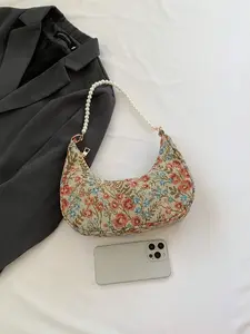 Fashionable Pearl Chain Strap Tote Bag, Floral Pattern Underarm Baguette Crescent Shoulder Bag For Women