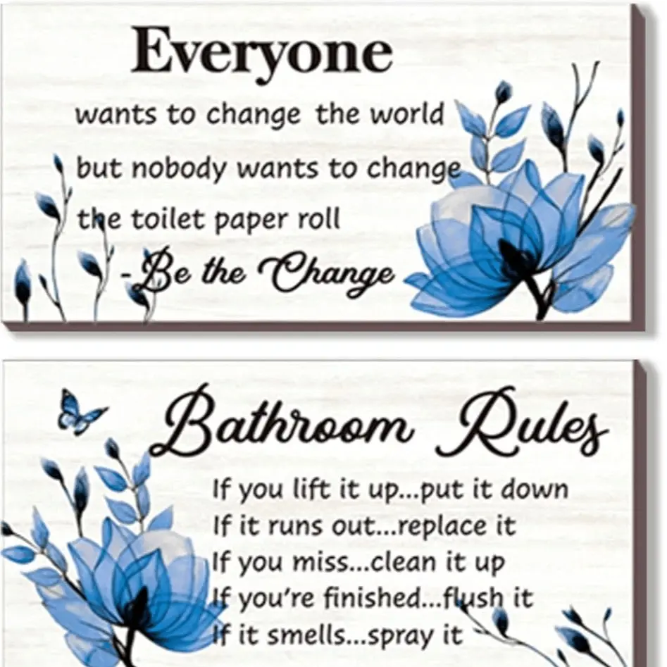 3-Piece Blue Bathroom Decor: Bathroom Rules Wall Art - Blue Flower Signs - 'Best