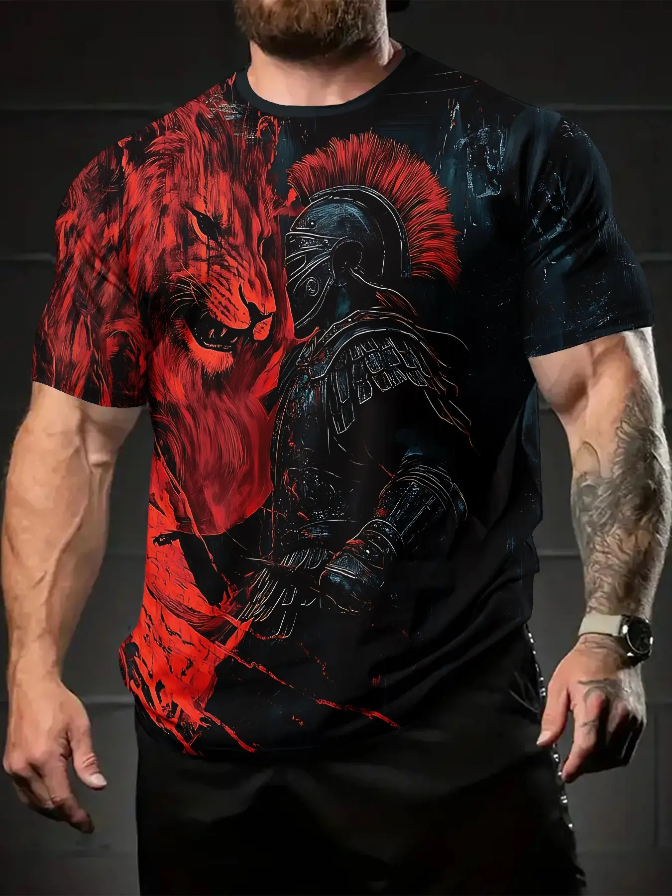 Gladiator Lion Animal 3D Digital Printing T-shirt, classic, casual, versatile and streetwear Menswear men's sporty fitted crew neck short-sleeve, Round Neck, suitable for daily wear, a perfect holiday gift for men