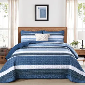 Blue Striped Set Queen Size 3 Piece Summer Patchwork Bedspreads Coverlet, Blue and White Soft Lightweight Bedding Set with 2 Pillow Shams, Microfiber Comforter Set for All, 96" * 90"